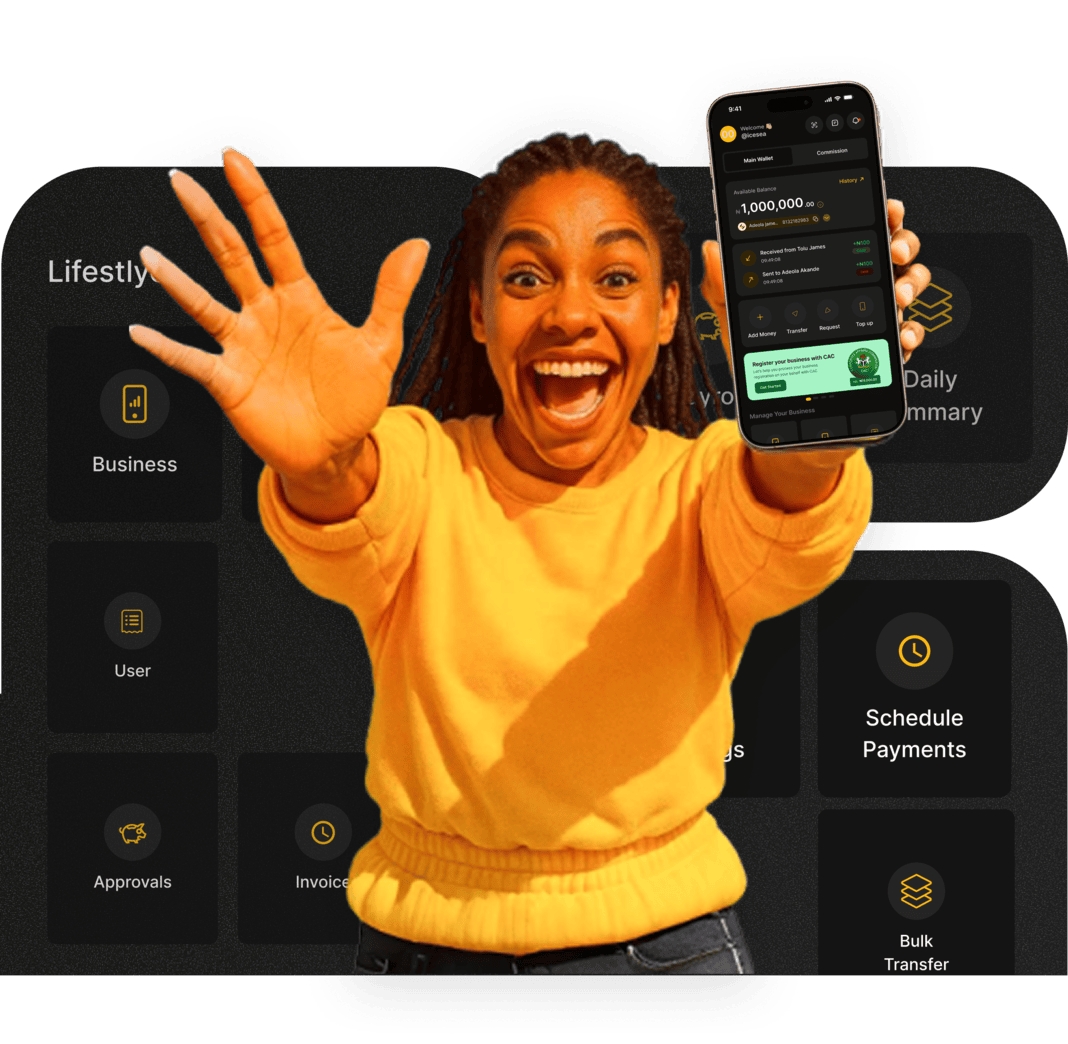 A happy black lady dressed in bright sunny yellow dress happily stretching her hands forward while holding a phone